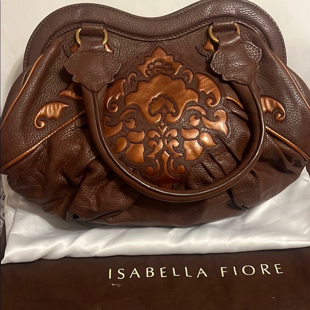 Isabella Fiore Brown and Orange Shoulder Bag with Embossed Design